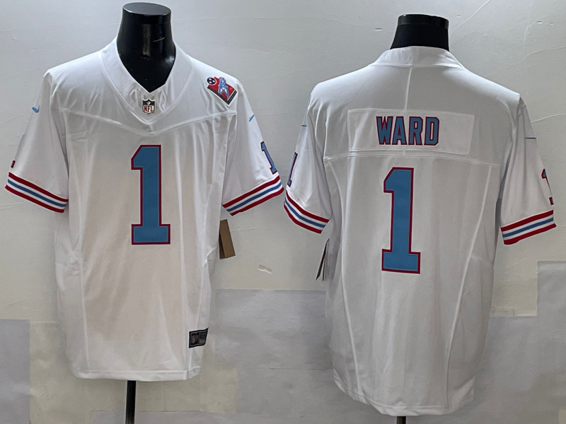 Men's Tennessee Titans Cameron Ward #1 White 2025 NFL Draft First Round Pick Game Jersey