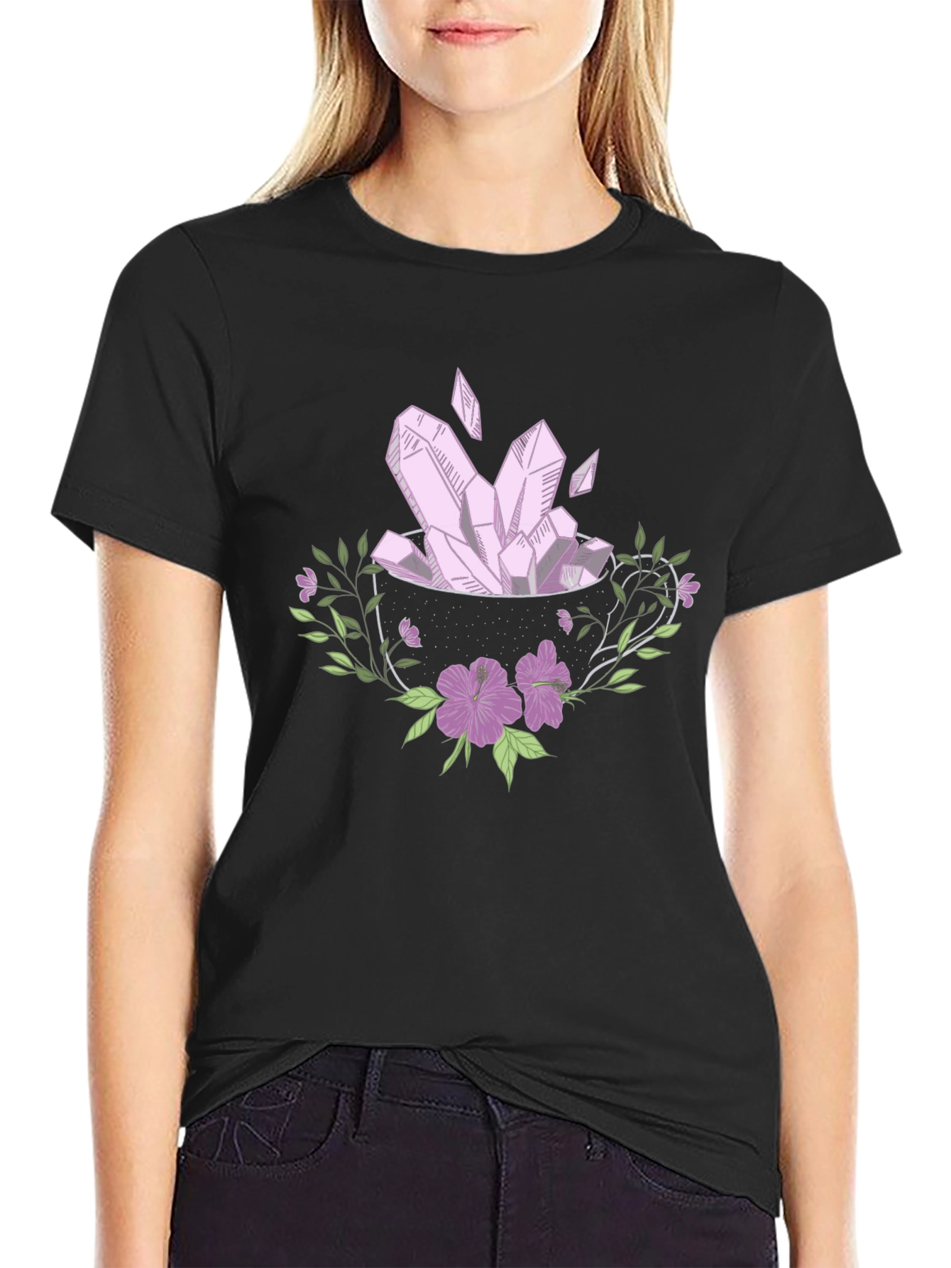 Crystal & Floral Graphic Tee - Black