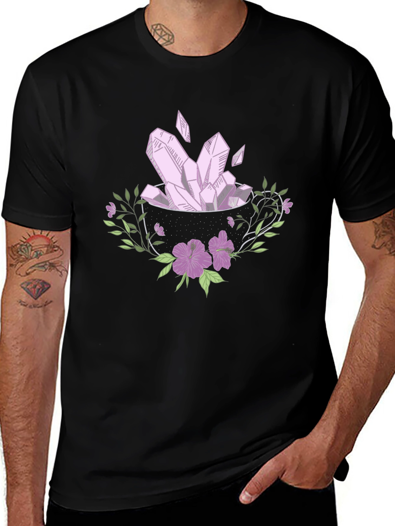 Crystal & Floral Graphic Tee - Black