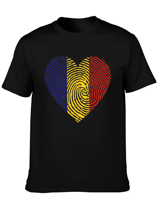 Romania Flag Fingerprint Heart Black T-Shirt