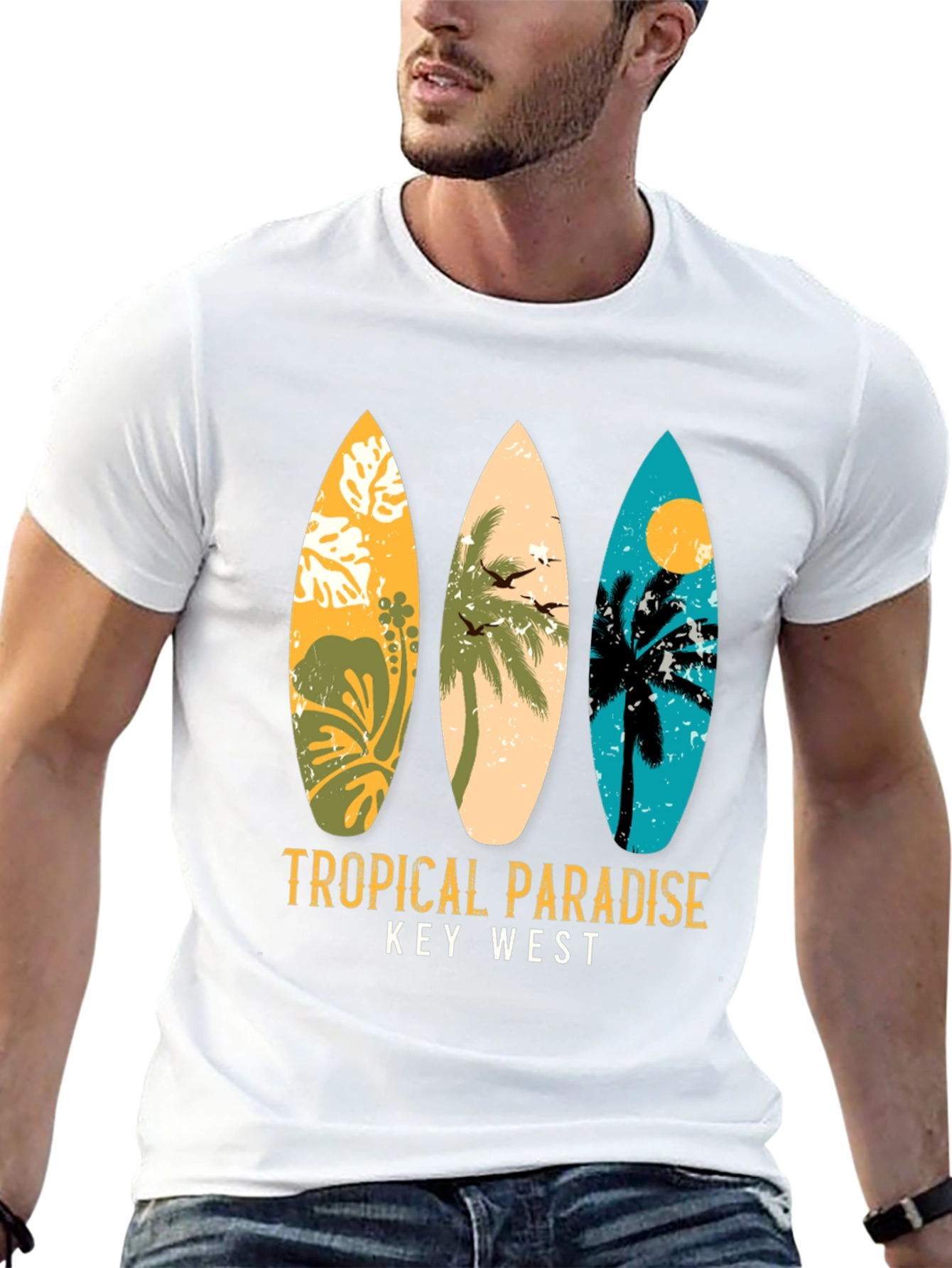 Tropical Paradise Key West Surfboard Graphic T-Shirt
